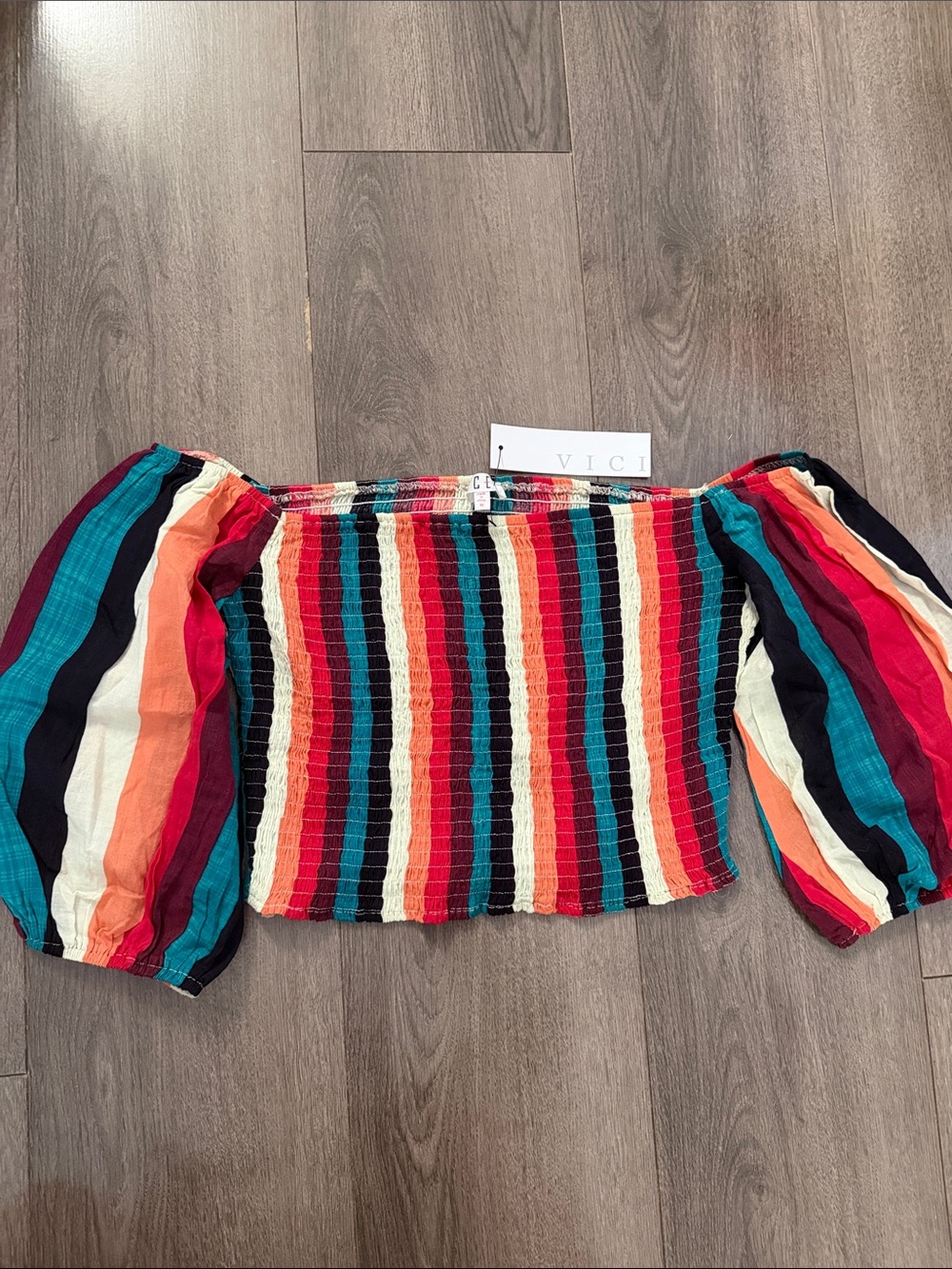 VICI Rainbow Stripe Off-Shoulder Smocked Crop Top